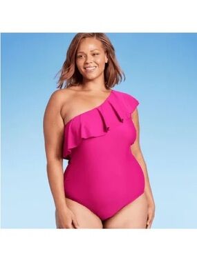 Kona Sol One-Shoulder Ruffle One-Piece Swimsuit - Hot Pink